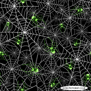 Blank Quilting Fabrics - Hocus Pocus Glow - Spiderwebs with Spiders on Black