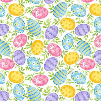 Spring is Hare Tossed Eggs White for Blank Quilting Fabrics
