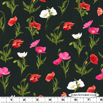 Clothworks Fabric - Positively Poppies - Meadow on Black
