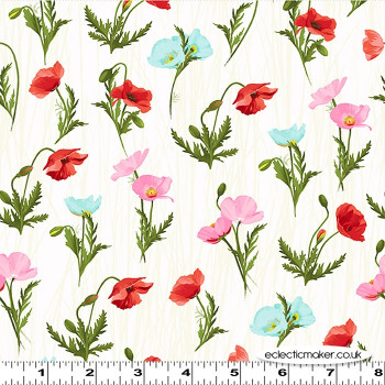 Clothworks Fabric - Positively Poppies - Meadow on Light Cream