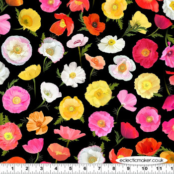 Clothworks Fabric - Positively Poppies - Ombre Poppies on Black
