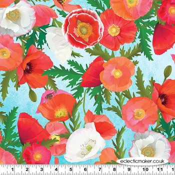 Clothworks Fabric - Positively Poppies - Packed Bouquet on Aqua