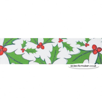 Holly Berry Christmas Ribbon in White & Red - 25mm