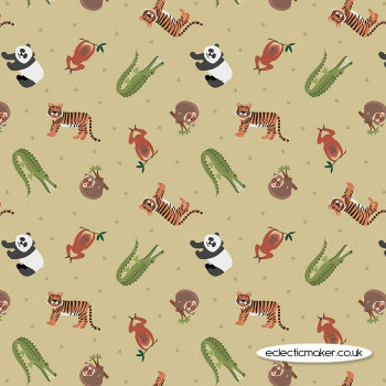 Lewis and Irene Fabrics - Small Things World Animals - Asian Animals on Light Bamboo Green
