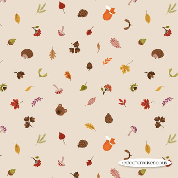 Lewis and Irene Fabrics - A Winter Nap - Scattered Foliage & Friends on Cream