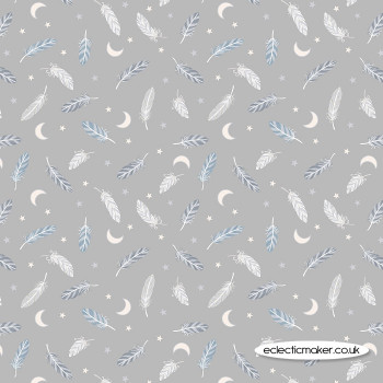 Lewis and Irene Fabrics - Enchanted - Feathers and Stars on Grey with Silver Metallic