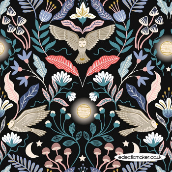 Lewis and Irene Fabrics - Enchanted - Owl on Midnight with Gold Metallic