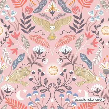 Lewis and Irene Fabrics - Enchanted - Owl on Pink with Copper Metallic