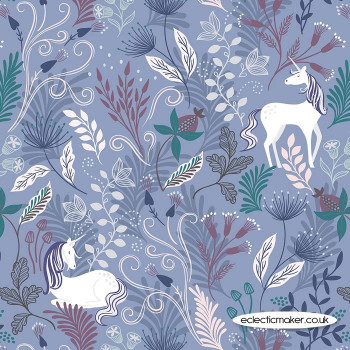 Lewis and Irene Fabrics - Enchanted - Unicorn on Smokey Blue with Silver Metallic