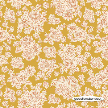 Lewis and Irene Fabrics Hannah's Flowers Flower Blooms on Mustard