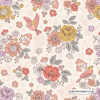 Lewis and Irene Fabrics Hannah's Flowers Songbirds and Flowers on Cream