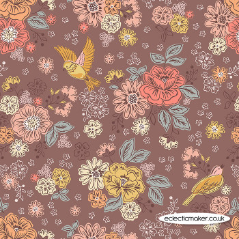 Lewis and Irene Fabrics Hannah's Flowers Songbirds and Flowers on Soft Brown