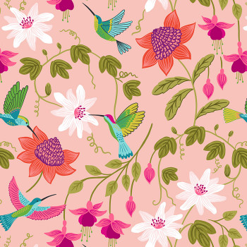 Lewis and Irene Fabrics Hibiscus Hummingbird, Hummingbird Large Floral on Blush Pink