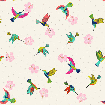 Lewis and Irene Fabrics Hibiscus Hummingbird Scattered Hummingbirds on Cream