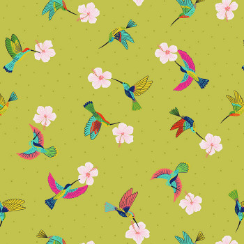 Lewis and Irene Fabrics Hibiscus Hummingbird Scattered Hummingbirds on Tropical Green