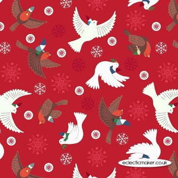 Lewis and Irene Fabrics - Hygge Glow - Flying Tomte on Red