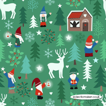 Lewis and Irene Fabrics - Hygge Glow - Tomte Forest on Green