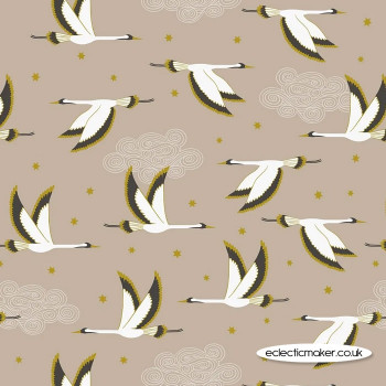 Lewis and Irene Fabrics - Jardin de Lis - Flying Heron on Beige with Gold Metallic
