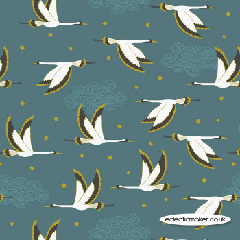 Lewis and Irene Fabrics - Jardin de Lis - Flying Heron on Jade with Gold Metallic - BOLT END