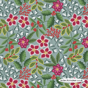 Lewis and Irene Fabrics - Noel - Christmas Floral on Slate Blue