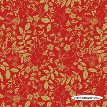 Lewis and Irene Fabrics - Noel - Metallic Gold Reindeer on Red
