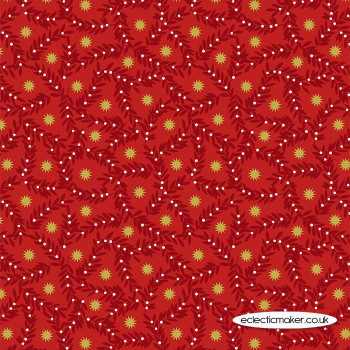 Lewis and Irene Fabrics - Noel - Metallic Gold Star and Berries on Red