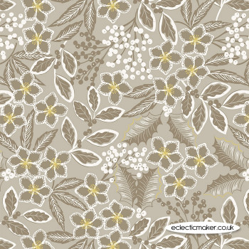 Lewis and Irene Fabrics - Noel - Natural Noel Floral with Gold Metallic
