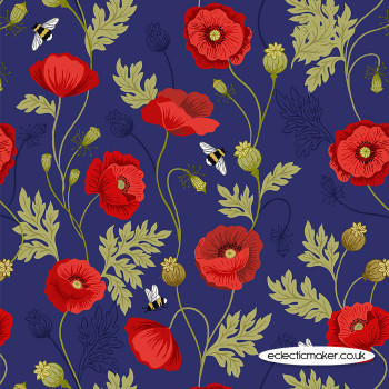 Lewis and Irene Fabrics - Poppies - Poppy & Bee on Blue