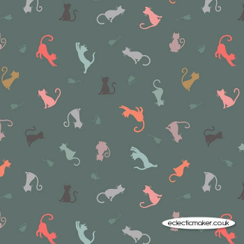Lewis and Irene Fabrics - Purrfect Petals - Cat and Mouse on Dark Teal