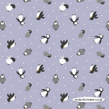 Lewis and Irene Fabrics - Small Things Polar Animals - Penguins on Iced Lilac with Pearl