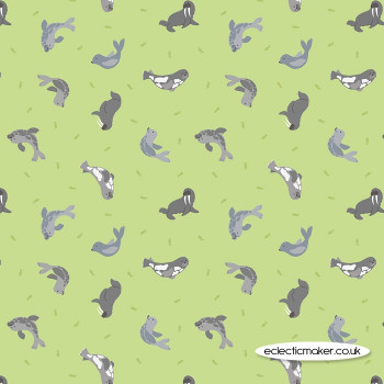 Lewis and Irene Fabrics - Small Things Polar Animals - Seals on Iced Lime with Pearl