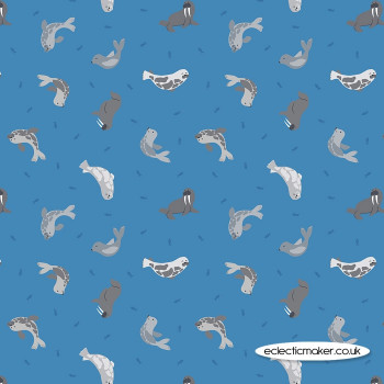Lewis and Irene Fabrics - Small Things Polar Animals - Seals on Surf Blue with Pearl