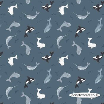 Lewis and Irene Fabrics - Small Things Polar Animals - Whales on Dark Ocean with Pearl