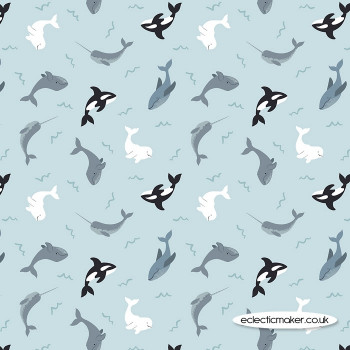 Lewis and Irene Fabrics - Small Things Polar Animals - Whales on Icy Blue with Pearl