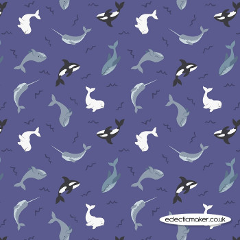 Lewis and Irene Fabrics - Small Things Polar Animals - Whales on Indigo Blue with Pearl