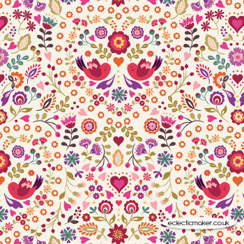 Lewis and Irene Fabrics - Little Matryoshka - Little Bird Floral Heart on Cream