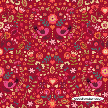 Lewis and Irene Fabrics - Little Matryoshka - Little Bird Floral Heart on Red