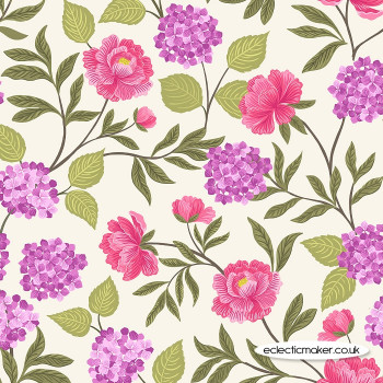 Lewis and Irene Fabrics - Love Blooms - Peony & Hydrangea on Cream