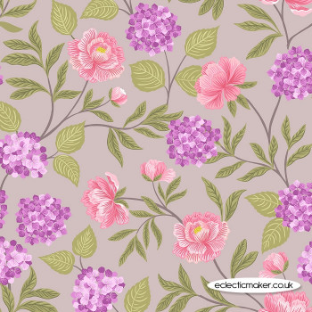Lewis and Irene Fabrics - Love Blooms - Peony & Hydrangea on Natural