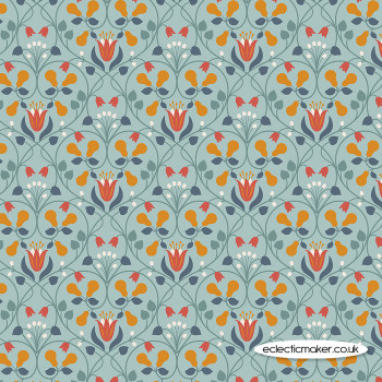 Lewis and Irene Fabrics Wintertide Floral on Blue with Copper Metallic