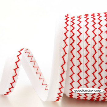 ZigZag Bias Binding in Red on White - 18mm